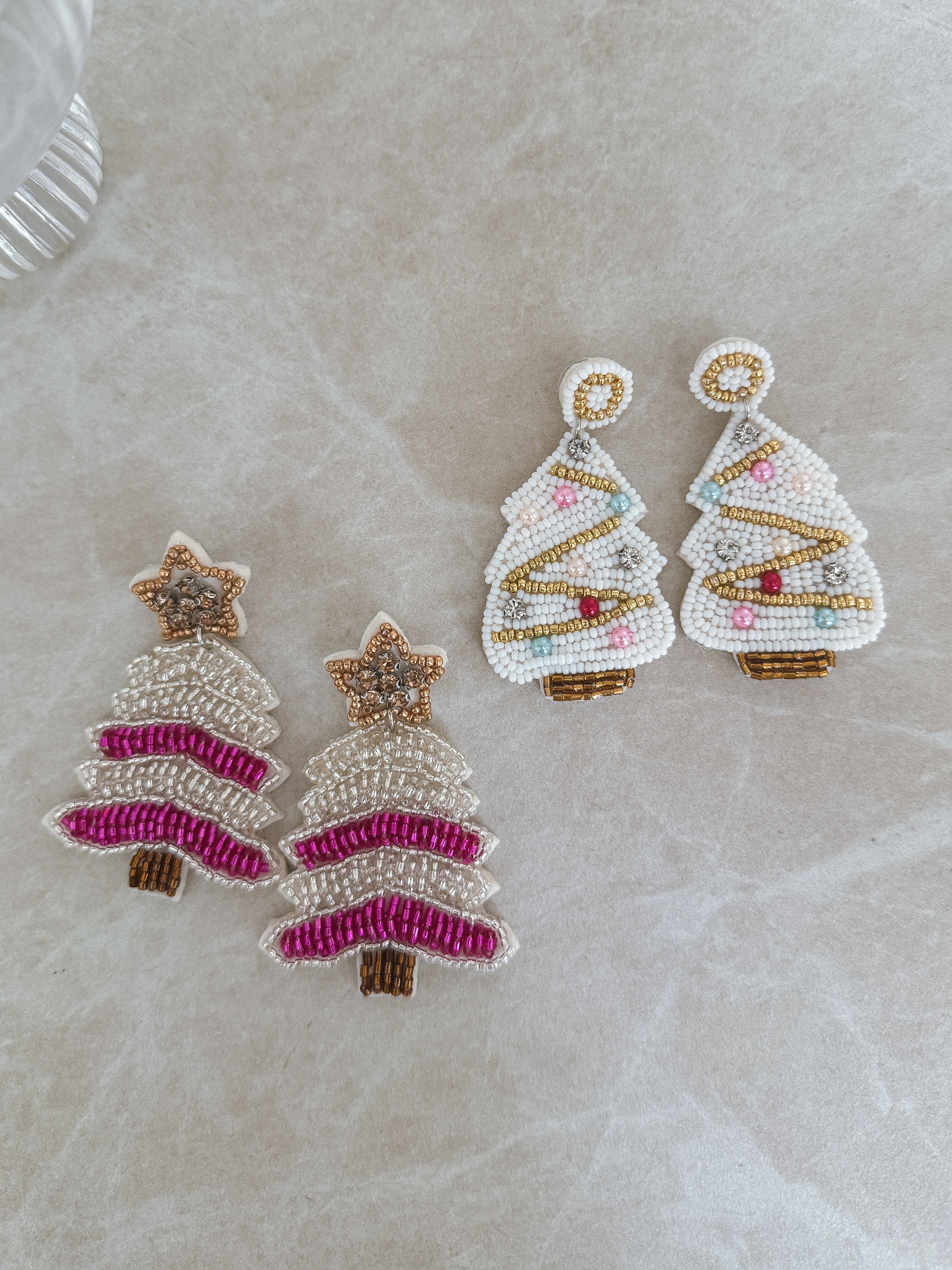 Pink and Bronze Beaded Christmas Tree Earrings