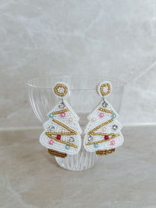 White Pastel Beaded Christmas Tree Earrings