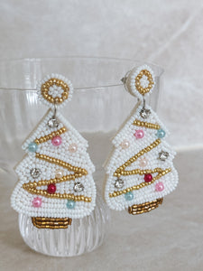 White Pastel Beaded Christmas Tree Earrings