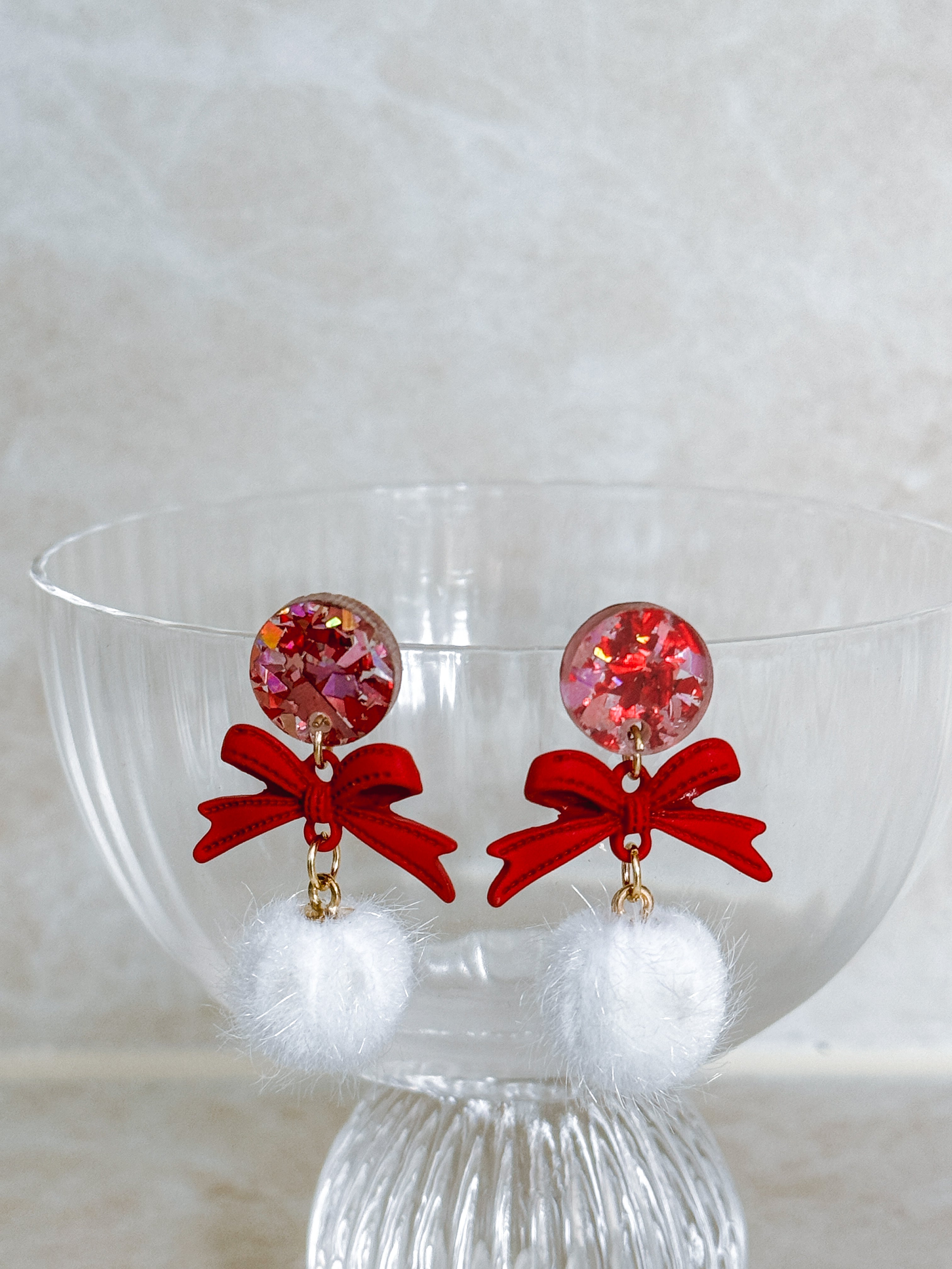 Christmas Bow and Pom Pom Earring