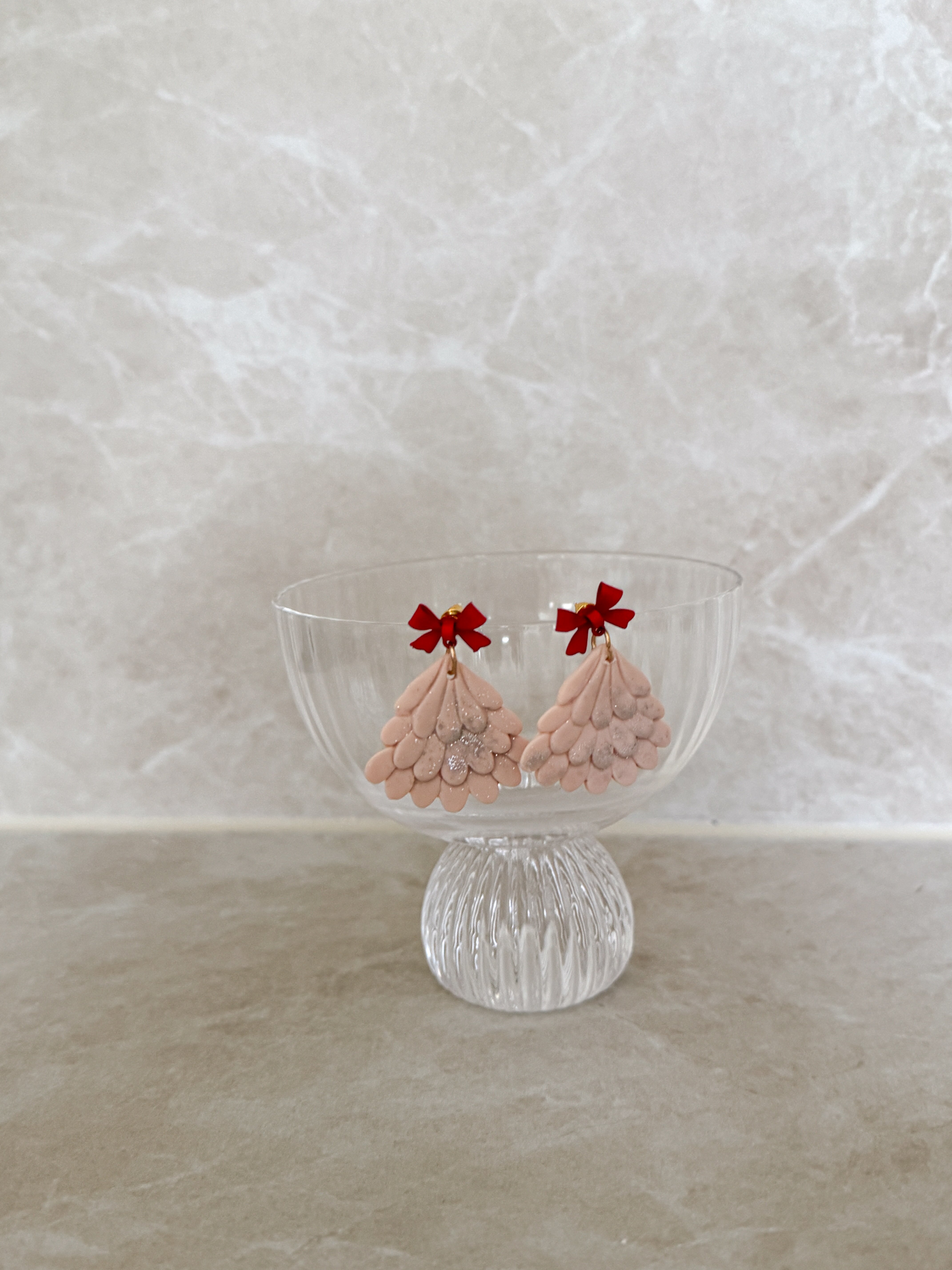 Pink and Red Scalloped Christmas Tree Earrings