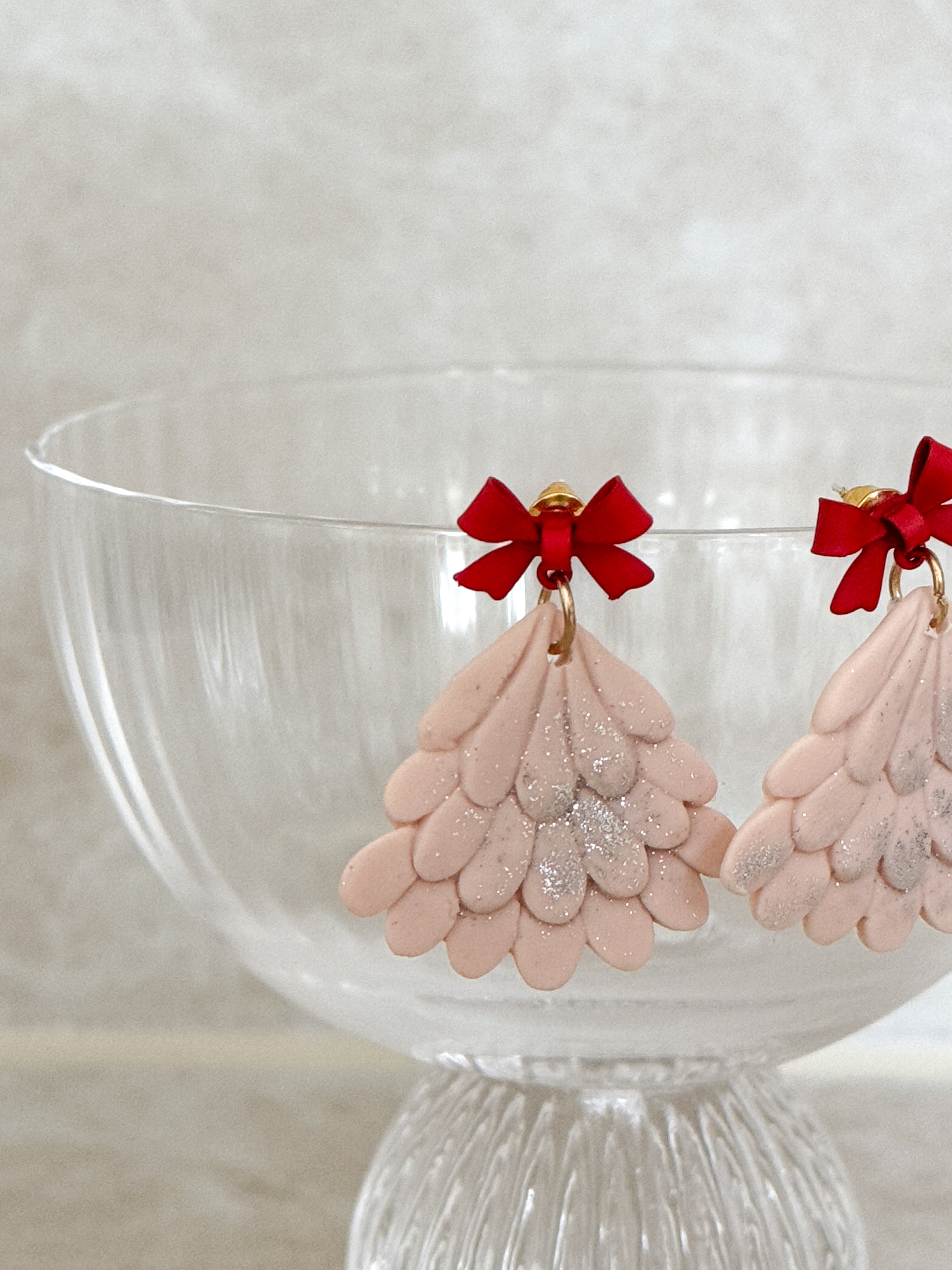 Pink and Red Scalloped Christmas Tree Earrings