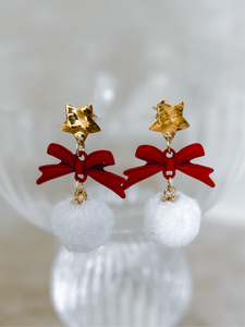 Christmas Bow and Pom Pom Earring