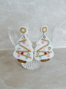 White Pastel Beaded Christmas Tree Earrings