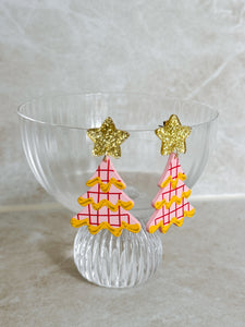 Pink Checkered Wavy Christmas Tree Earrings