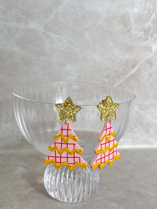 Pink Checkered Wavy Christmas Tree Earrings