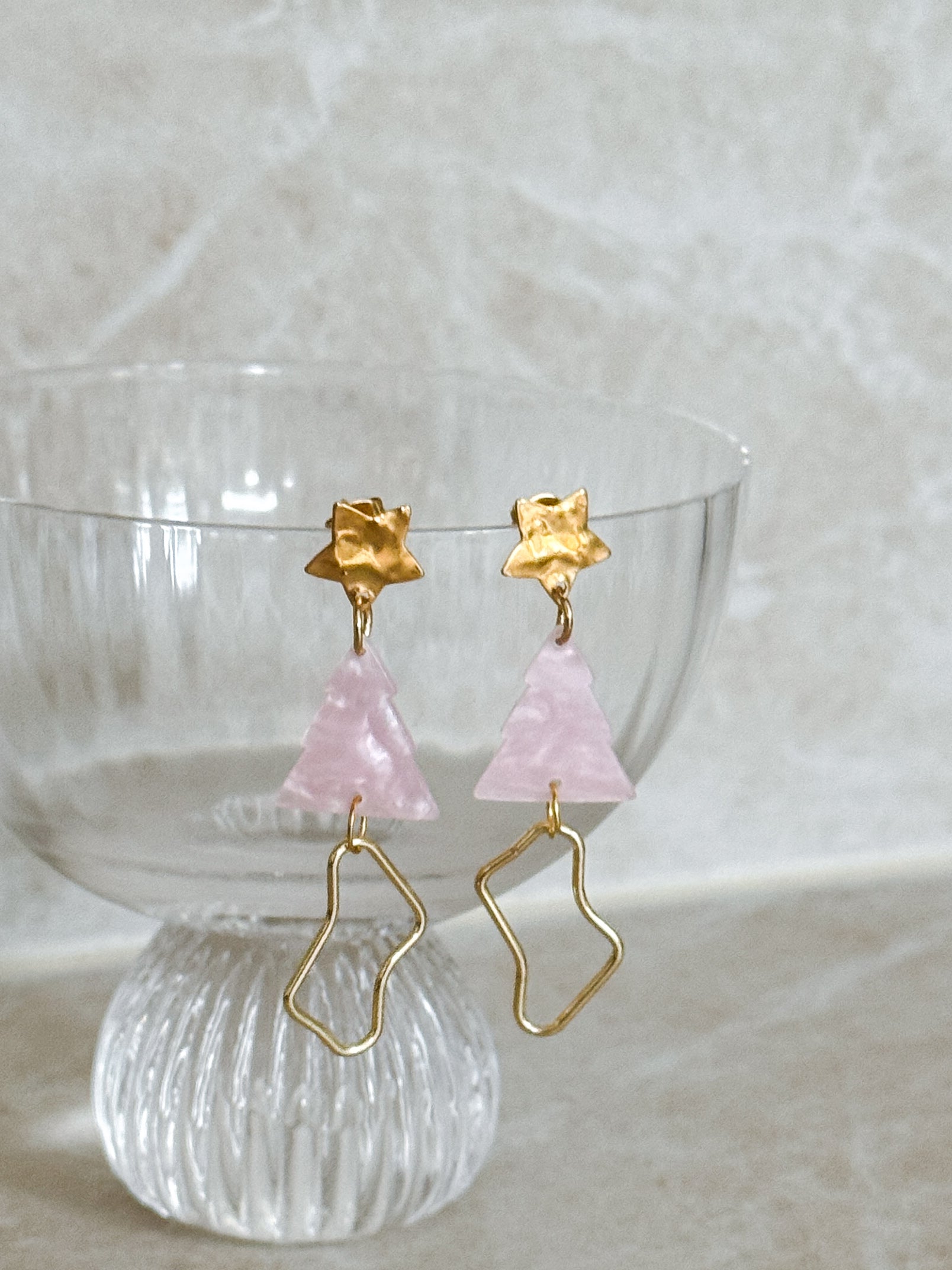 Abstract Pink and Gold Tree Christmas Earrings