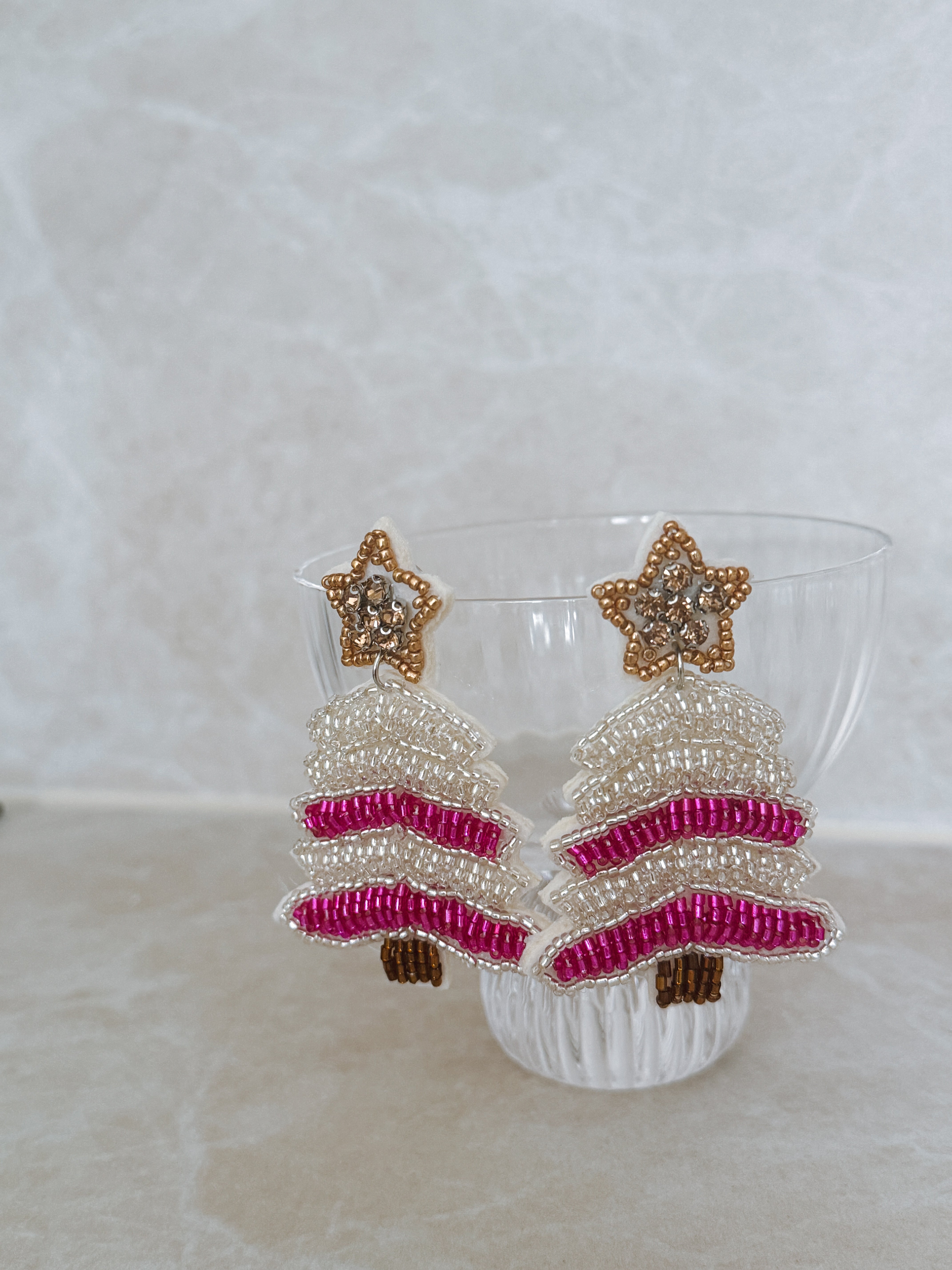 Pink and Bronze Beaded Christmas Tree Earrings