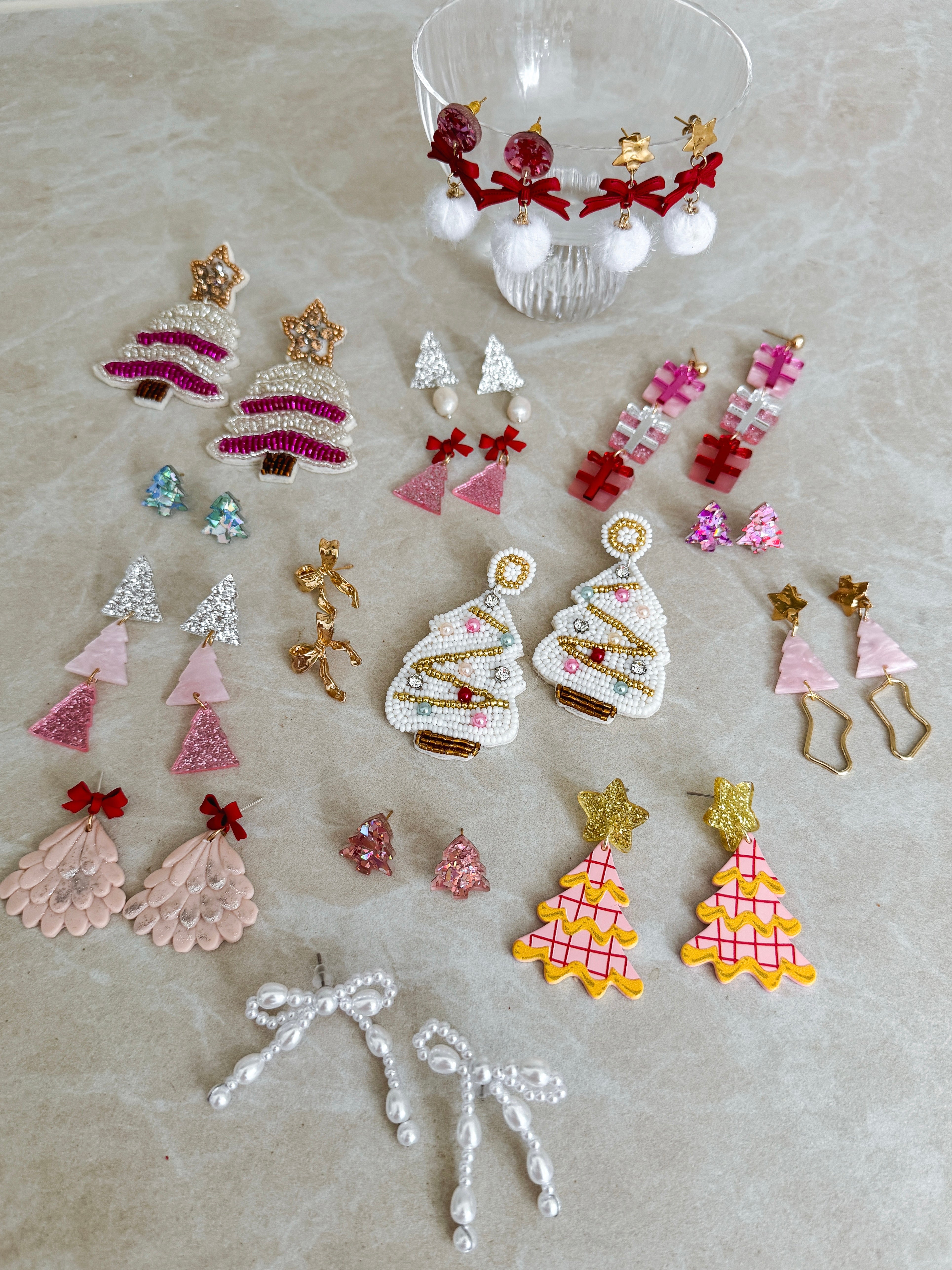 Pink and Bronze Beaded Christmas Tree Earrings