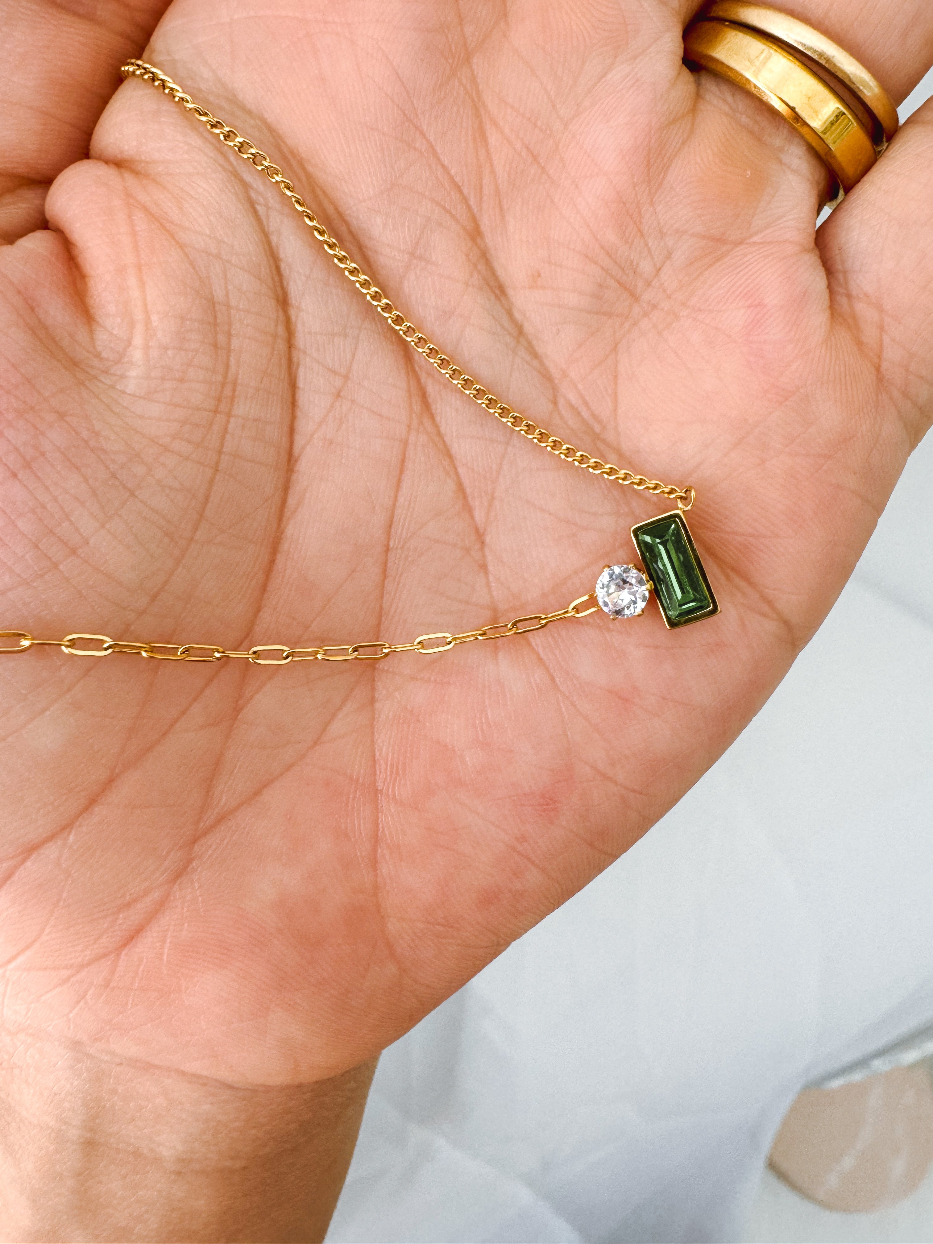 Tami - Waterproof Stone and Emerald Rectangle Necklace