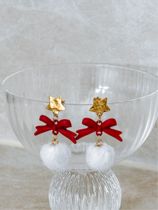 Christmas Bow and Pom Pom Earring