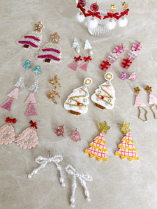 Pink Glitter Tree and Bow Christmas Earrings