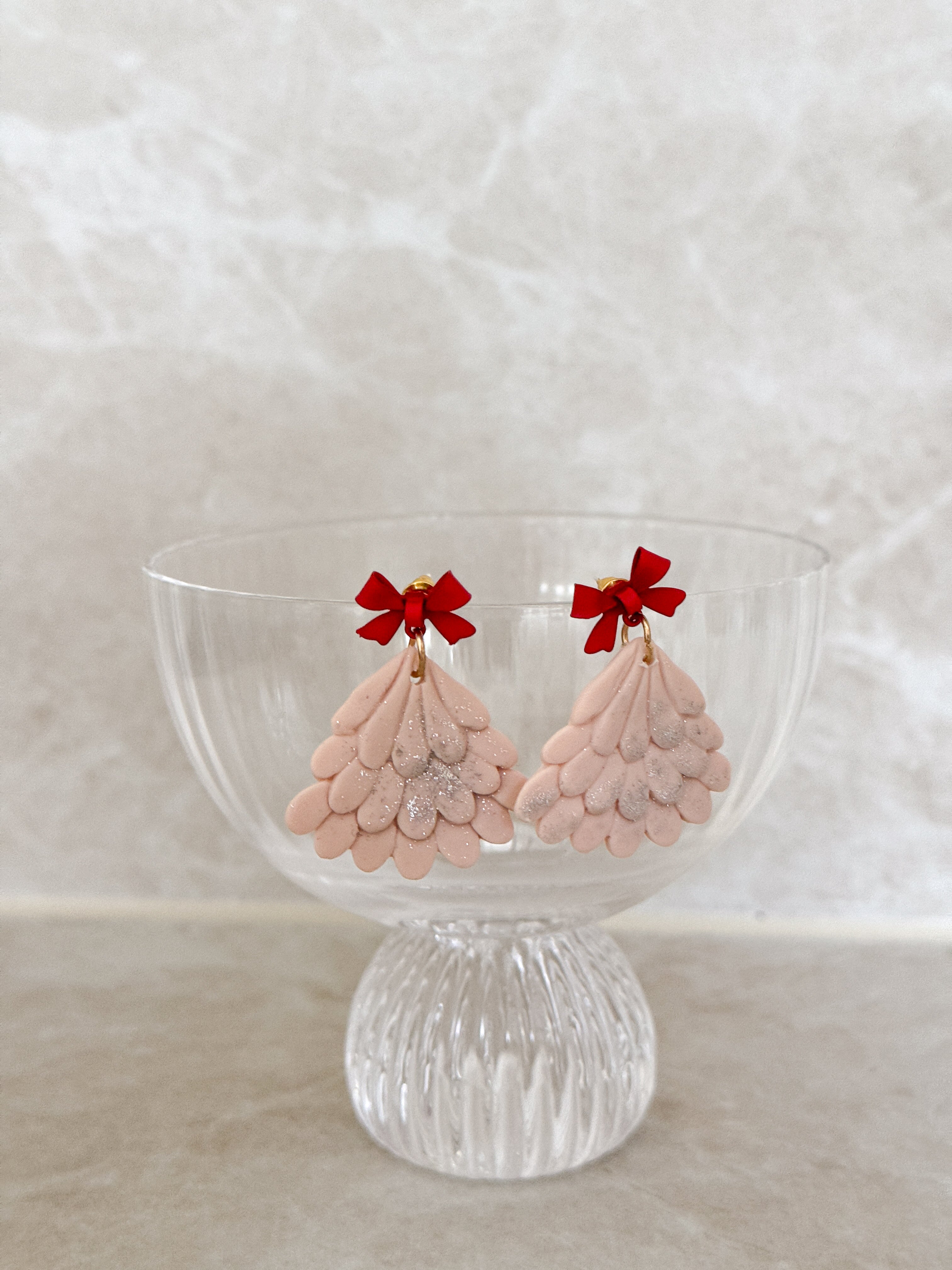 Pink and Red Scalloped Christmas Tree Earrings