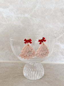 Pink and Red Scalloped Christmas Tree Earrings