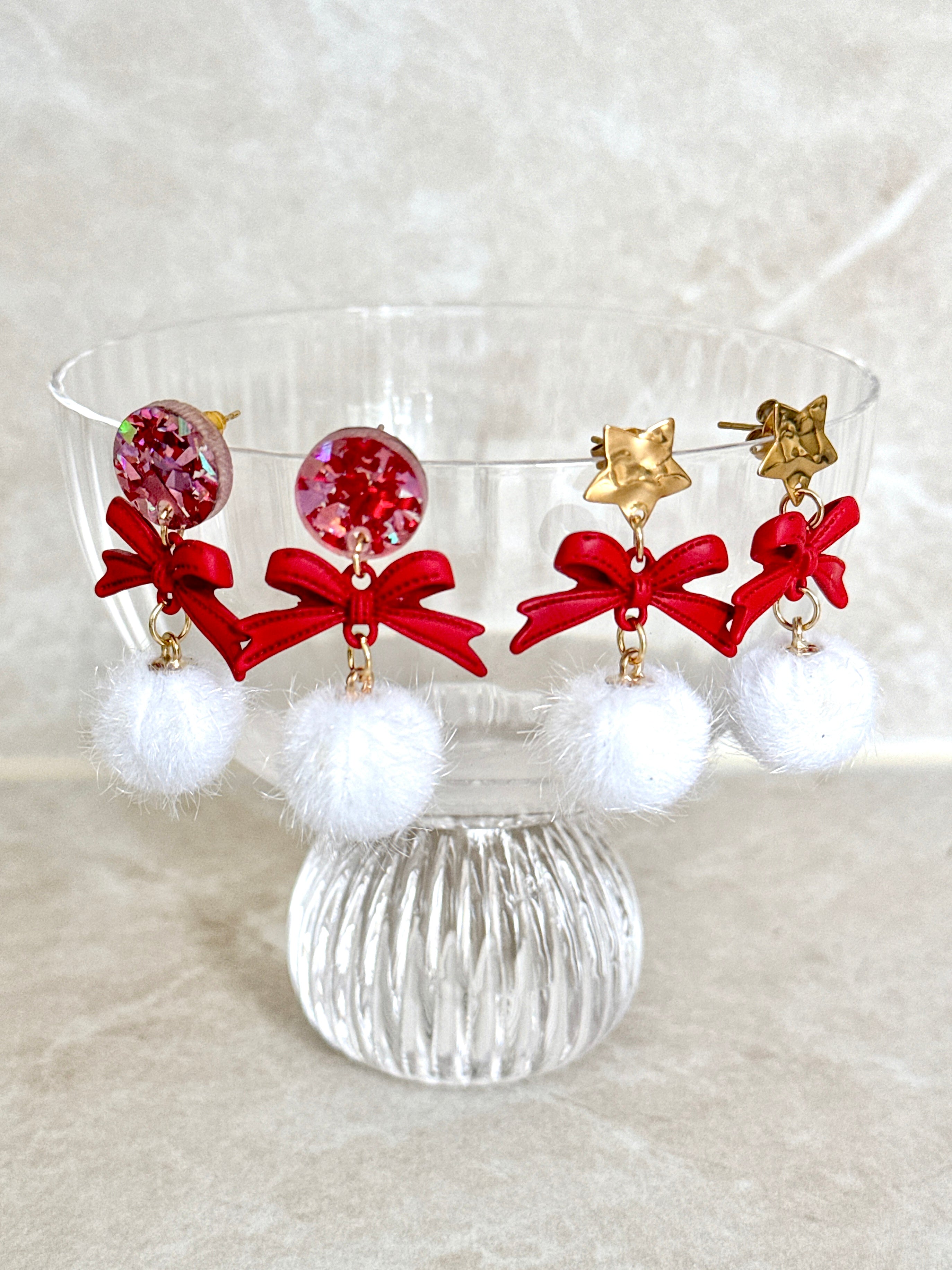 Christmas Bow and Pom Pom Earring