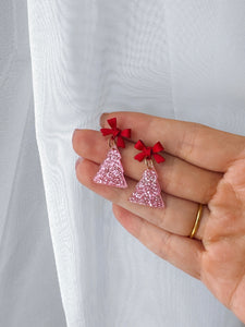 Pink Glitter Tree and Bow Christmas Earrings