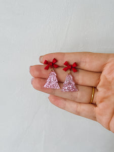 Pink Glitter Tree and Bow Christmas Earrings