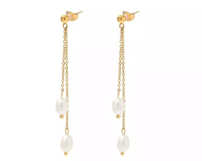 Gra - Twin Pearl and Chain Earrings