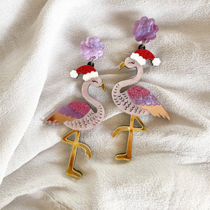 Flamingo Santa Hat Christmas Earrings