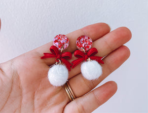 Christmas Bow and Pom Pom Earring