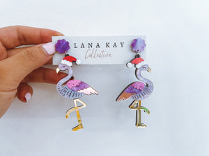 Flamingo Santa Hat Christmas Earrings