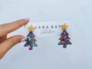 Rainbow Chunky Glitter Christmas Tree Earrings