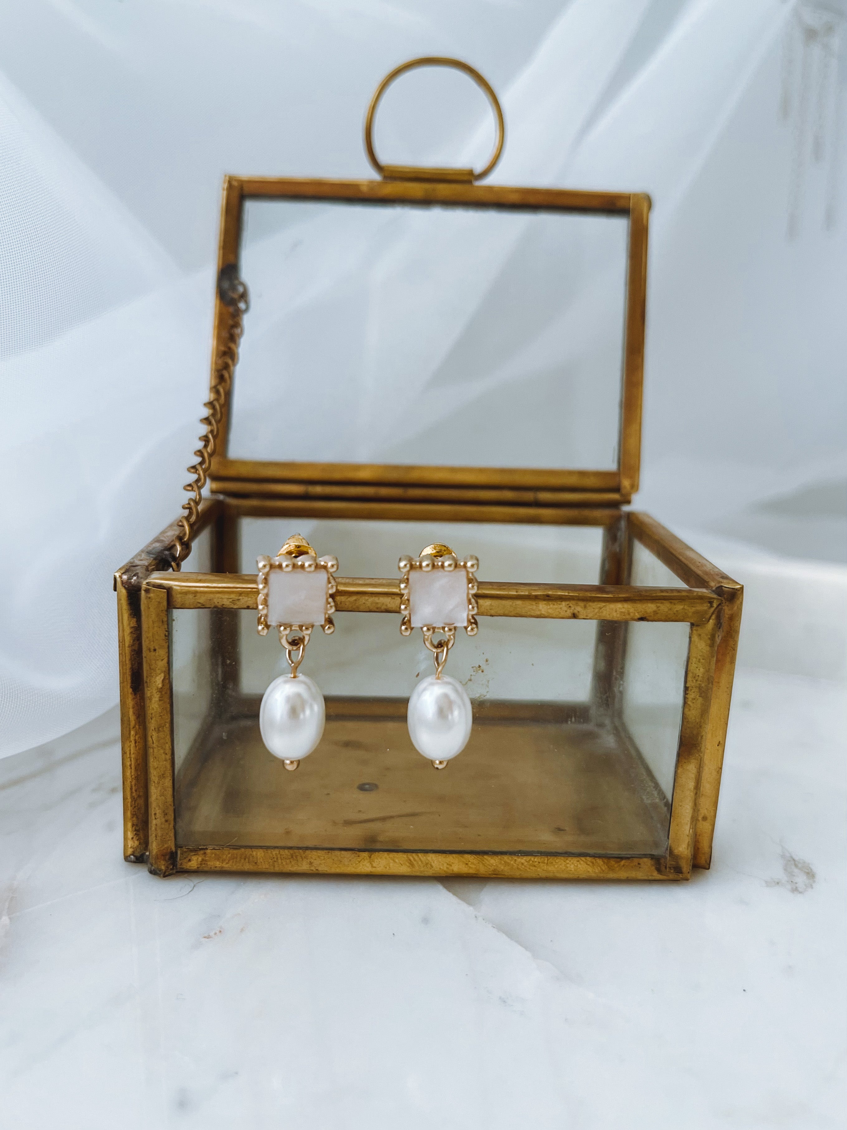 Rak - Studded Square Pendant and Pearl Earrings